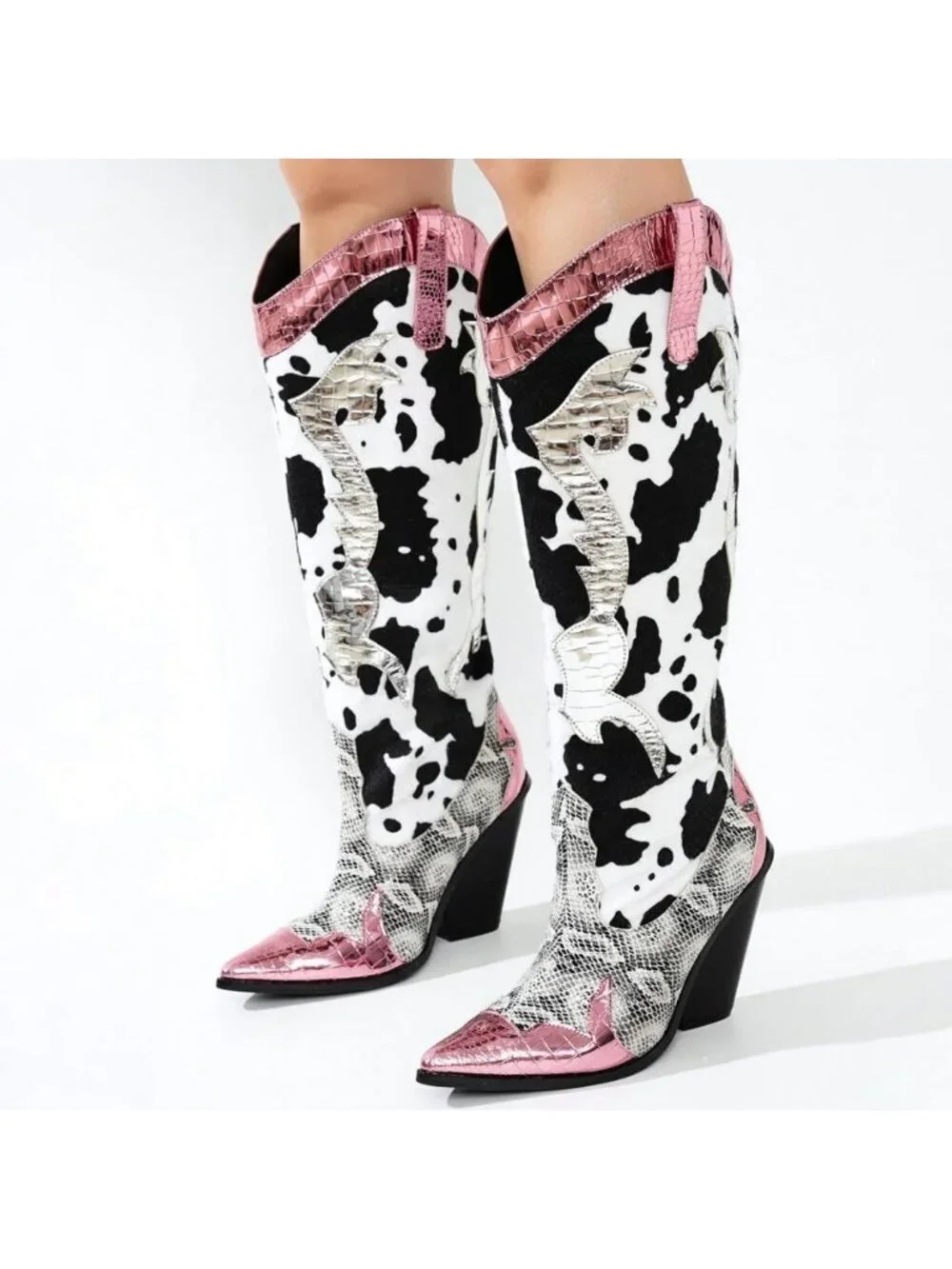 Women's Pink Polyurethane Animal Print Pull-On Pointed Toe Over The Knee Boots